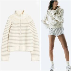 Cream Striped Half Zip Sweater
